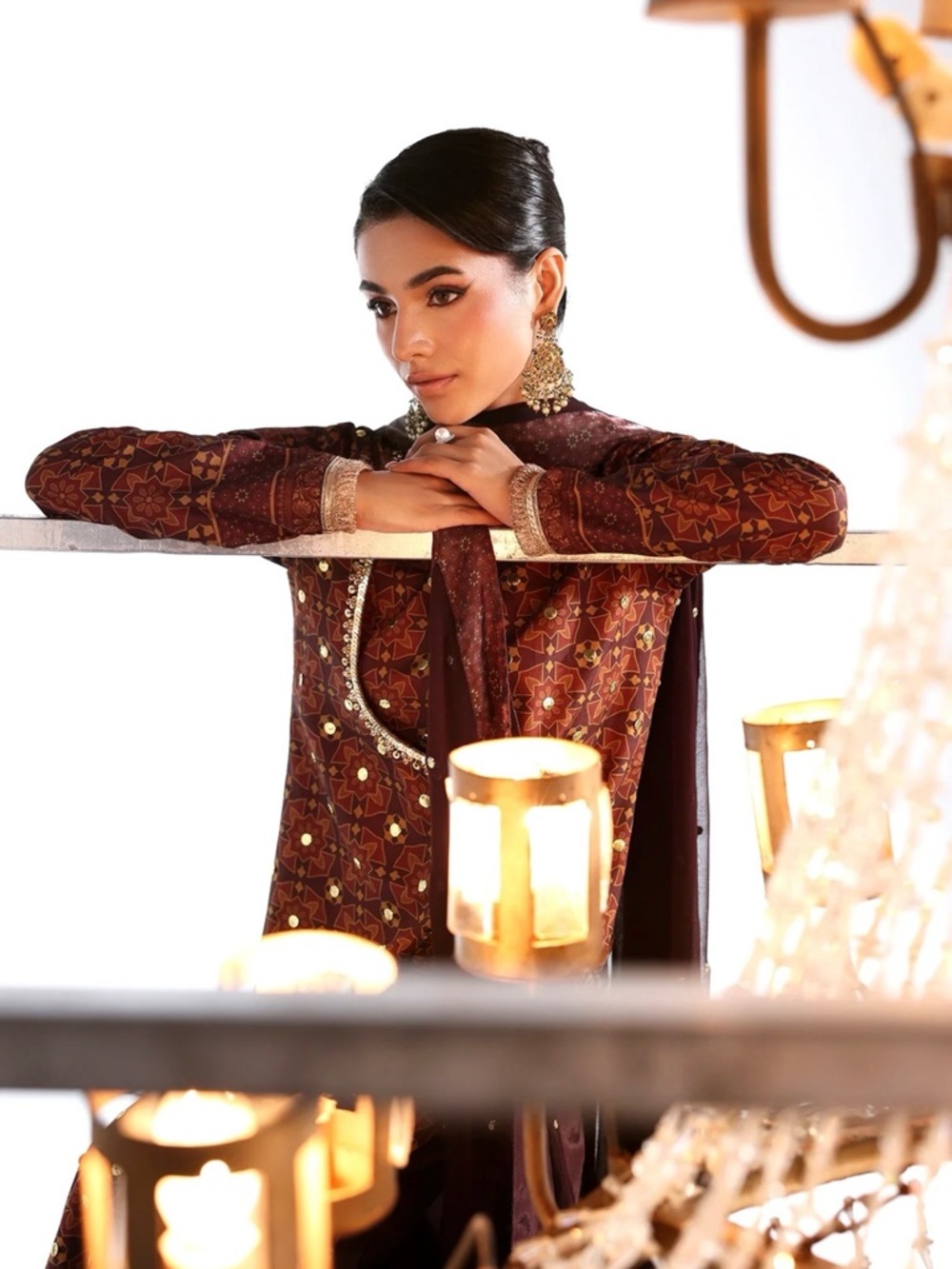 Embellished Maroon Long Dress with Sheer Dupatta - Picture 2 of 9
